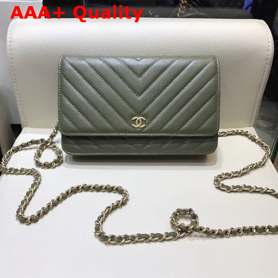 Chanel Wallet On Chain Dark Green Chevron Calfskin Replica