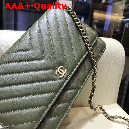 Chanel Wallet On Chain Dark Green Chevron Calfskin Replica