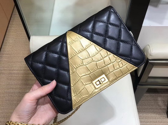 Chanel Wallet On Chain Lambskin Crocodile Embossed Calfskin Gold Tone Metal Black and Gold AP0612