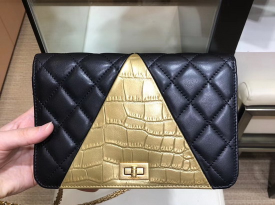 Chanel Wallet On Chain Lambskin Crocodile Embossed Calfskin Gold Tone Metal Black and Gold AP0612