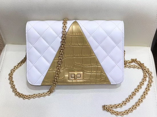 Chanel Wallet On Chain Lambskin Crocodile Embossed Calfskin Gold Tone Metal White and Gold AP0612