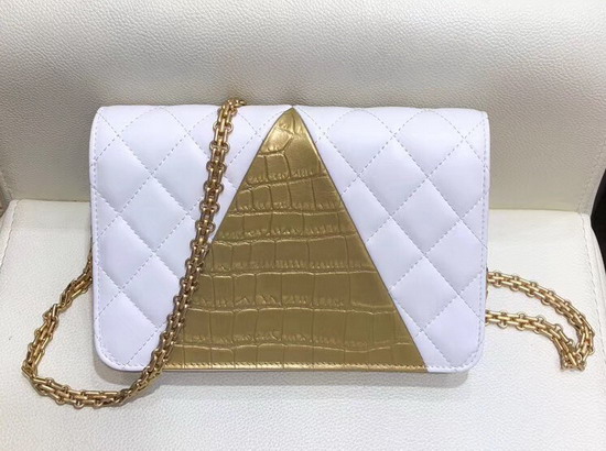 Chanel Wallet On Chain Lambskin Crocodile Embossed Calfskin Gold Tone Metal White and Gold AP0612