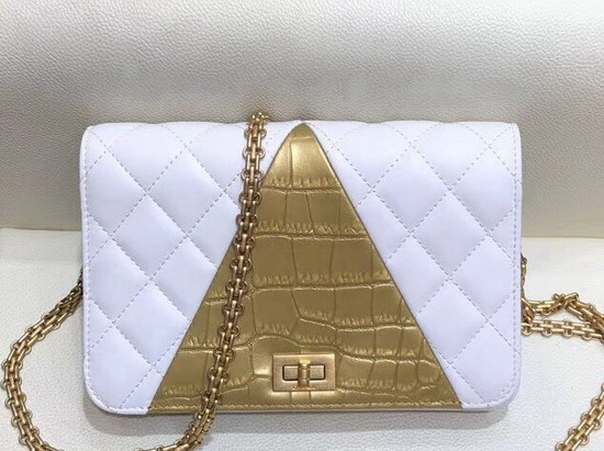 Chanel Wallet On Chain Lambskin Crocodile Embossed Calfskin Gold Tone Metal White and Gold AP0612