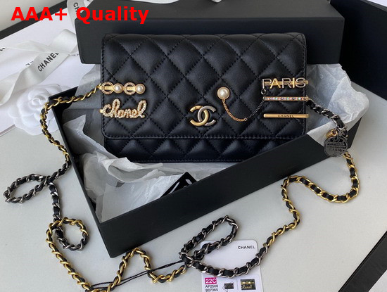 Chanel Wallet On Chain Lambskin Glass Pearls Imitation Pearls Strass Gold Silver Ruthenium Finish Metal Black Ref AP2508 Replica