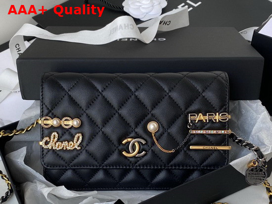 Chanel Wallet On Chain Lambskin Glass Pearls Imitation Pearls Strass Gold Silver Ruthenium Finish Metal Black Ref AP2508 Replica