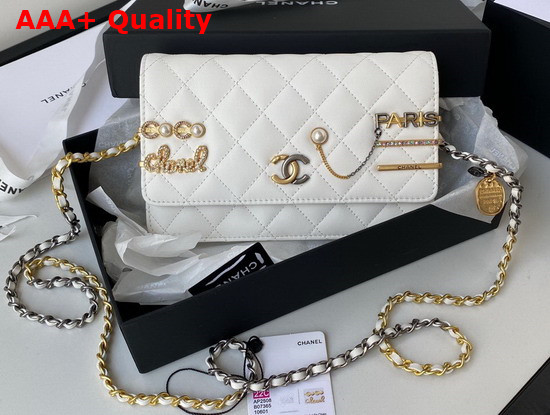 Chanel Wallet On Chain Lambskin Glass Pearls Imitation Pearls Strass Gold Silver Ruthenium Finish Metal White Ref AP2508 Replica