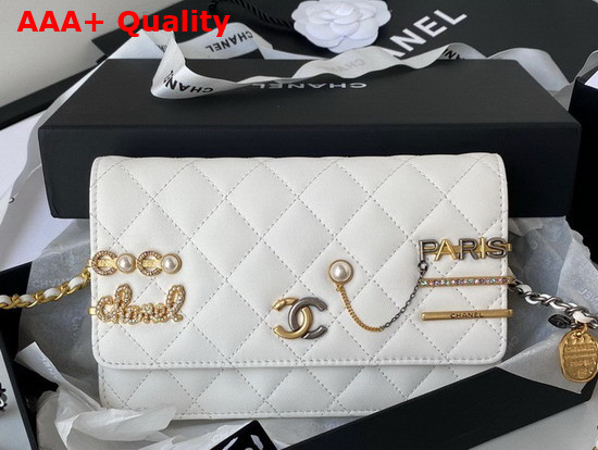 Chanel Wallet On Chain Lambskin Glass Pearls Imitation Pearls Strass Gold Silver Ruthenium Finish Metal White Ref AP2508 Replica