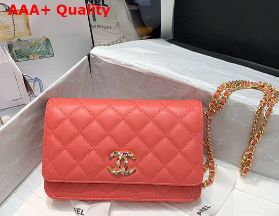 Chanel Wallet On Chain Lambskin Zirconium Gold Tone Metal Coral AP1943 Replica