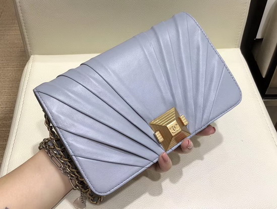 Chanel Wallet On Chain Light Blue Pleated Lambskin and Gold Tone Metal AP0388