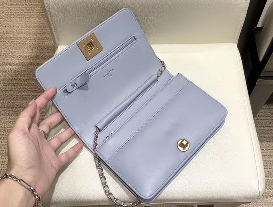 Chanel Wallet On Chain Light Blue Pleated Lambskin and Gold Tone Metal AP0388