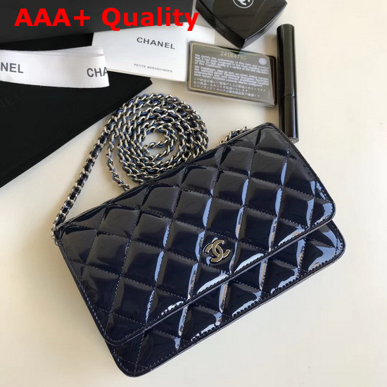 Chanel Wallet On Chain Navy Blue Patent Leather Replica