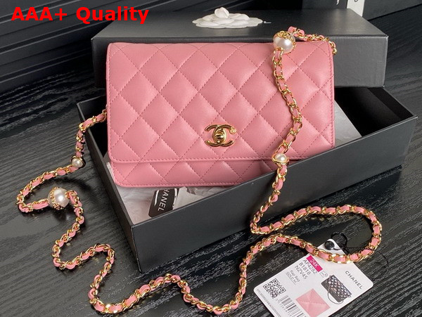 Chanel Wallet On Chain Pink Shiny Lambskin Imitation Pearls Gold Tone Metal AP4282 Replica