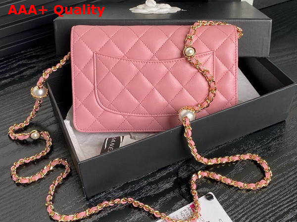 Chanel Wallet On Chain Pink Shiny Lambskin Imitation Pearls Gold Tone Metal AP4282 Replica