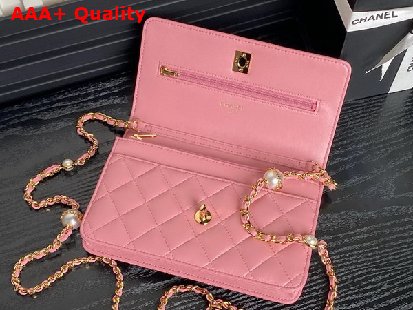 Chanel Wallet On Chain Pink Shiny Lambskin Imitation Pearls Gold Tone Metal AP4282 Replica