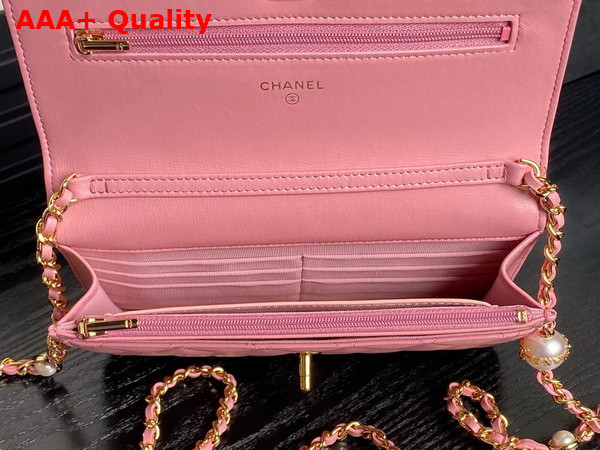 Chanel Wallet On Chain Pink Shiny Lambskin Imitation Pearls Gold Tone Metal AP4282 Replica