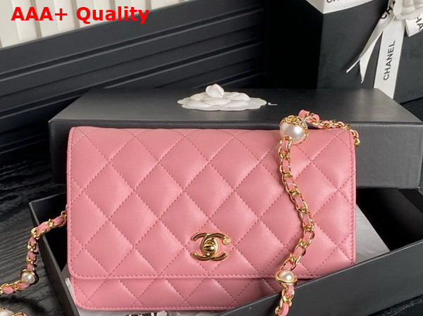 Chanel Wallet On Chain Pink Shiny Lambskin Imitation Pearls Gold Tone Metal AP4282 Replica