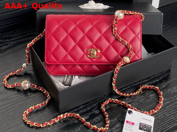 Chanel Wallet On Chain Red Shiny Lambskin Imitation Pearls Gold Tone Metal AP4282 Replica