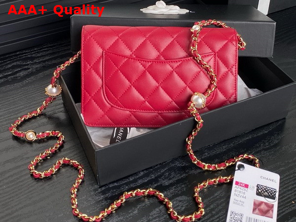 Chanel Wallet On Chain Red Shiny Lambskin Imitation Pearls Gold Tone Metal AP4282 Replica