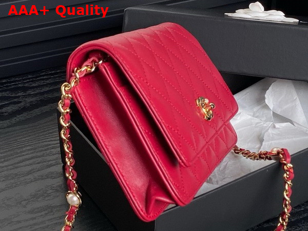 Chanel Wallet On Chain Red Shiny Lambskin Imitation Pearls Gold Tone Metal AP4282 Replica