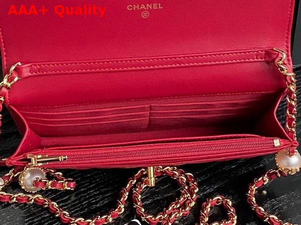 Chanel Wallet On Chain Red Shiny Lambskin Imitation Pearls Gold Tone Metal AP4282 Replica