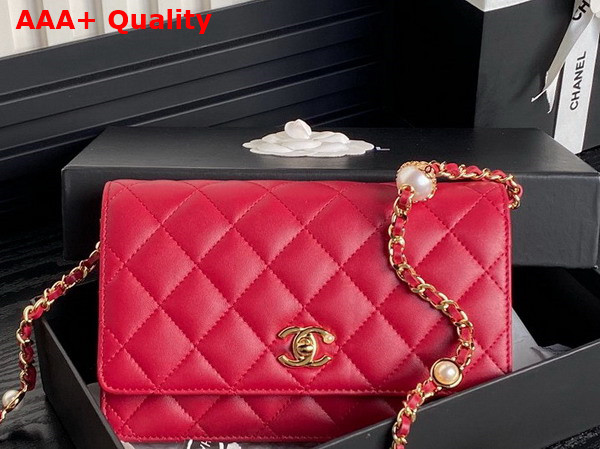 Chanel Wallet On Chain Red Shiny Lambskin Imitation Pearls Gold Tone Metal AP4282 Replica