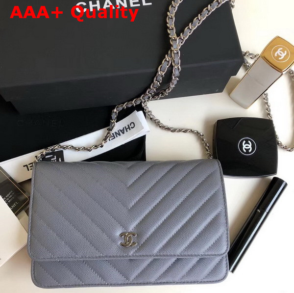 Chanel Wallet on Chain Light Blue Chevron Grained Calfskin Replica