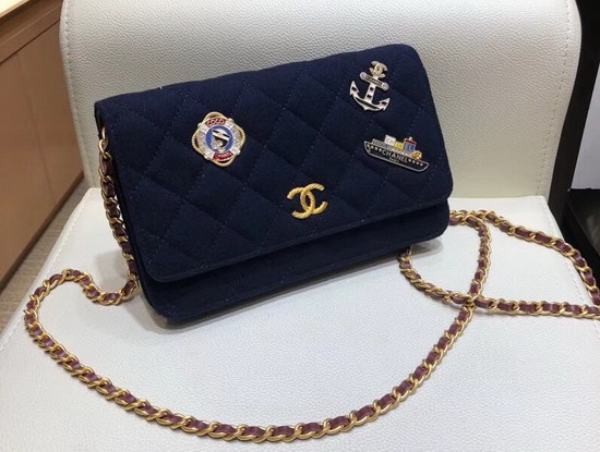 Chanel Wallet on Chain Navy Blue Wool and Lambskin