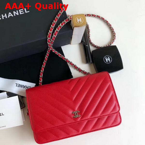 Chanel Wallet on Chain Red Chevron Grained Calfskin Replica