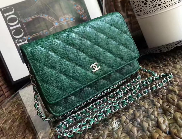 Chanel Wallet on Chain in Green Caviar Leather Silver Tone Metal For Sale