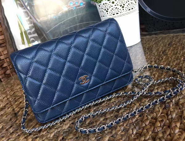 Chanel Wallet on Chain in Navy Blue Caviar Leather Silver Tone Metal For Sale