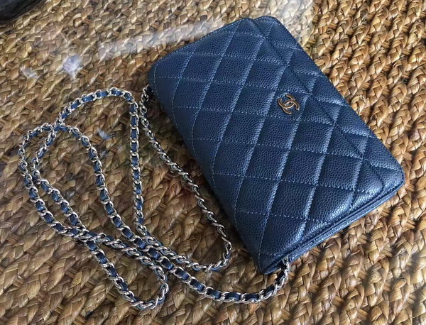 Chanel Wallet on Chain in Navy Blue Caviar Leather Silver Tone Metal For Sale