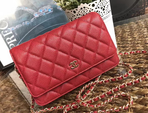 Chanel Wallet on Chain in Red Caviar Leather Light Gold Tone Metal For Sale