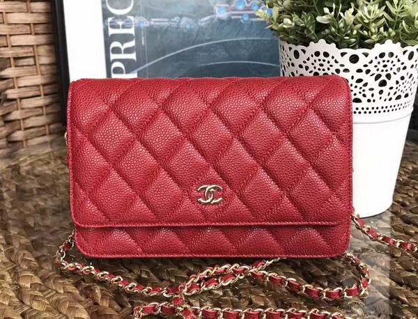 Chanel Wallet on Chain in Red Caviar Leather Light Gold Tone Metal For Sale