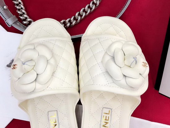 Chanel White Camellia Mule Lambskin