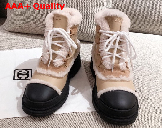 Chanel Winter Lace Up Boots in Beige Calfskin and Shearling Lining Replica