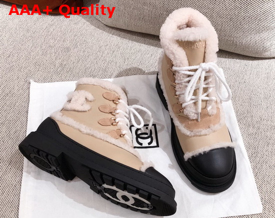 Chanel Winter Lace Up Boots in Beige Calfskin and Shearling Lining Replica