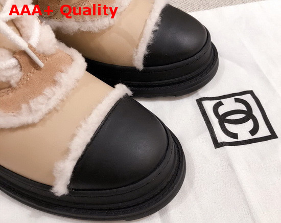 Chanel Winter Lace Up Boots in Beige Calfskin and Shearling Lining Replica