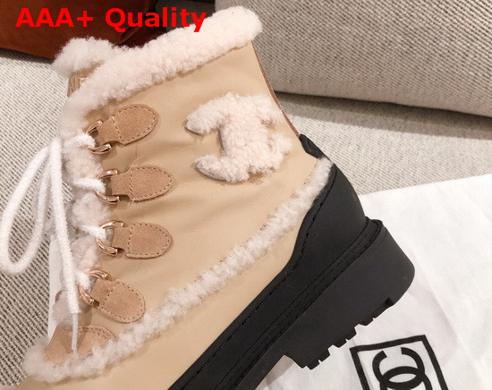 Chanel Winter Lace Up Boots in Beige Calfskin and Shearling Lining Replica