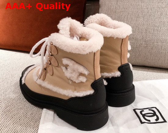 Chanel Winter Lace Up Boots in Beige Calfskin and Shearling Lining Replica