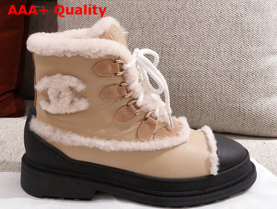 Chanel Winter Lace Up Boots in Beige Calfskin and Shearling Lining Replica