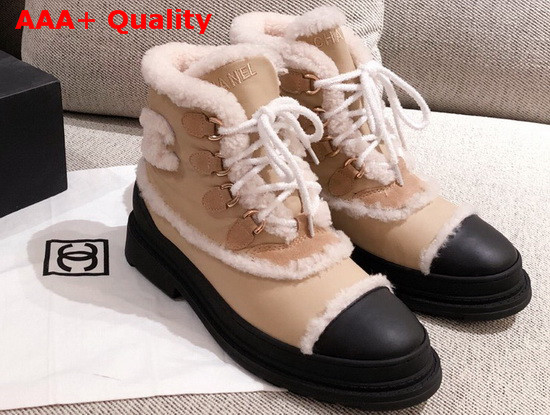 Chanel Winter Lace Up Boots in Beige Calfskin and Shearling Lining Replica