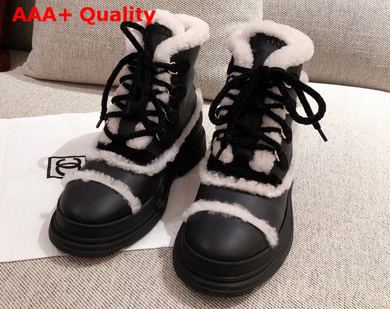 Chanel Winter Lace Up Boots in Black Calfskin and Shearling Lining Replica