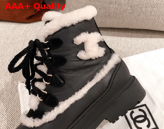 Chanel Winter Lace Up Boots in Black Calfskin and Shearling Lining Replica