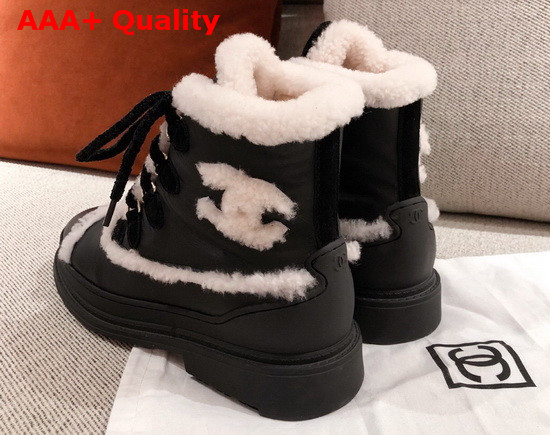 Chanel Winter Lace Up Boots in Black Calfskin and Shearling Lining Replica