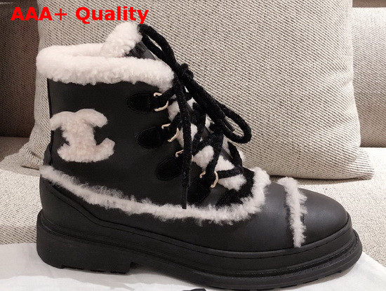 Chanel Winter Lace Up Boots in Black Calfskin and Shearling Lining Replica