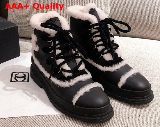 Chanel Winter Lace Up Boots in Black Calfskin and Shearling Lining Replica