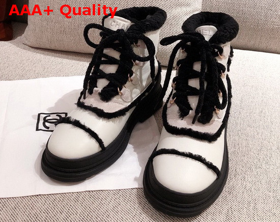 Chanel Winter Lace Up Boots in White Calfskin and Shearling Lining Replica