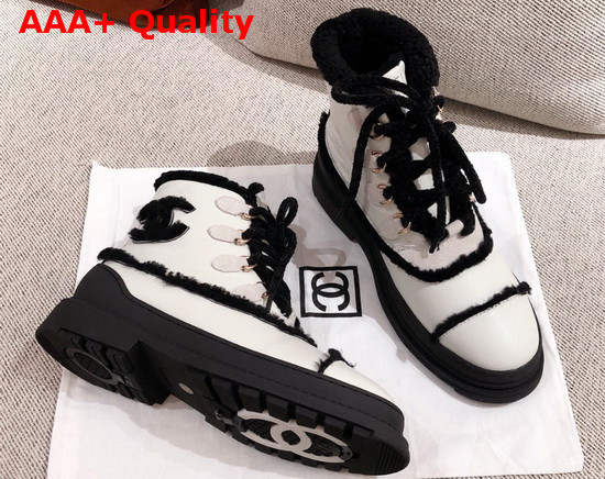 Chanel Winter Lace Up Boots in White Calfskin and Shearling Lining Replica