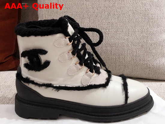 Chanel Winter Lace Up Boots in White Calfskin and Shearling Lining Replica