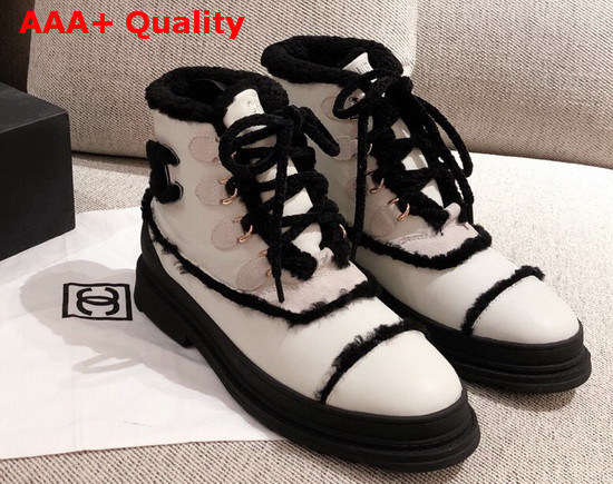 Chanel Winter Lace Up Boots in White Calfskin and Shearling Lining Replica